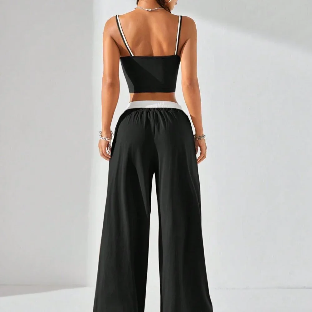 Black and White Casual Women's Sport Knit Tank Top & Sweatpants